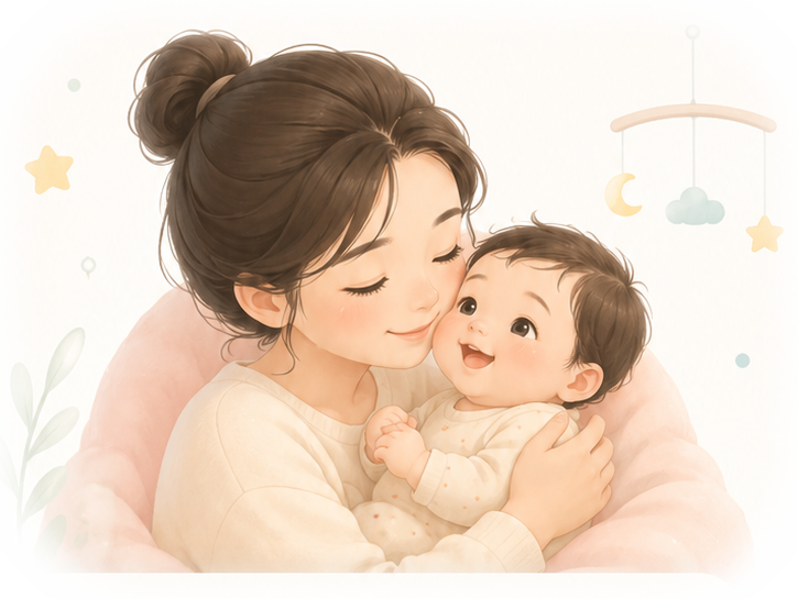 A mother holding her smiling baby, surrounded by a gentle moon and star mobile